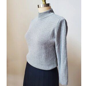 90's Karen Scott Light Gray Cotton Mini Cable Knit Mock Turtleneck Sweater M